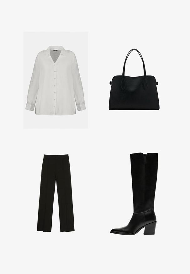 Weißes Leinenhemd mit Knopfleiste, V-Ausschnitt, langen Ärmeln und lockerer Passform mit seitlichen Schlitzen. Glatte Textur und klassisches Design.; Schwarze weit geschnittene Hosen aus glattem Stoff, ausgestattet mit einem taillierten Bund und dezenten vorderen Falten für zusätzliche Struktur.; Schwarze kniehohe Stiefel aus glattem Leder, mit spitzem Schuhbund, einem Blockabsatz und einem V-förmigen Ausschnitt an der Oberseite.; Schwarze Lederhandtasche mit zwei Schulterriemen, rechteckiger Form und minimalistischem Design auf weißem Hintergrund.