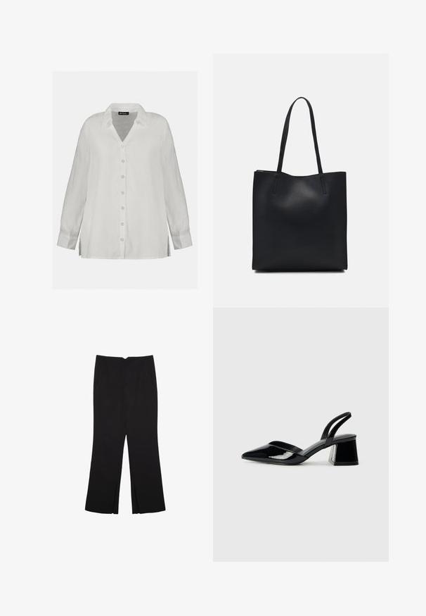 Weißes Leinenhemd mit Knopfleiste, V-Ausschnitt, langen Ärmeln und lockerer Passform mit seitlichen Schlitzen. Glatte Textur und klassisches Design.; Schwarze Hose mit geradem Schnitt, ausgestattet mit Fronttaschen und Seitenschlitzen am Saum. Hergestellt aus weichem, glattem Stoff. Geeignet für verschiedene Anlässe.; Schwarze Lackleder-Slingback-High Heels mit spitzem Schuh und einem geometrischen Blockabsatz. Verfügt über ein schlankes, minimalistisches Design und eine glatte Textur.; Schwarze Laptoptasche aus Leder mit glatter Textur, rechteckiger Form und zwei langen Griffen. Keine sichtbaren Beschläge oder Verzierungen.