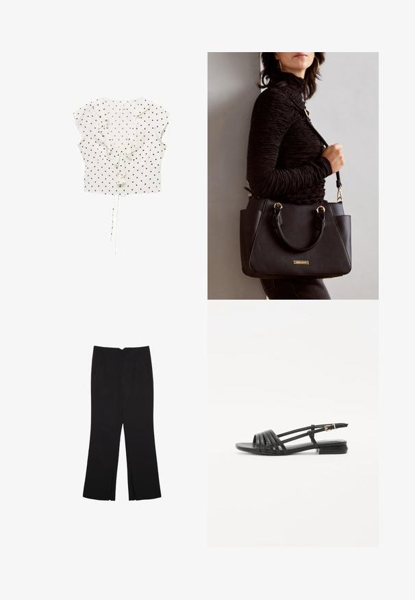 Biela blúzka s čiernymi bodkami, krátkymi volánikmi, ležérnym riasením vpredu a sťahovacím lemom pre nastaviteľné prispôsobenie.; Čierne nohavice so strihom rovného strihu, s prednými vreckami a bočnými rozparkami na leme. Vyrobené z mäkkej, hladkej tkaniny. Vhodné na rôzne príležitosti.; Čierne ploché sandále so šnurovacím dizajnom, obsahujúce viaceré kožené pásiky a tenký remienok na členku. Podrážka je plochá a obdĺžniková.; Čierna kabelka s textúrovaným povrchom, dvojitými hornými rúčkami a nastaviteľným ramenným popruhom. Obsahuje zlaté kovanie a bočné vrecká.