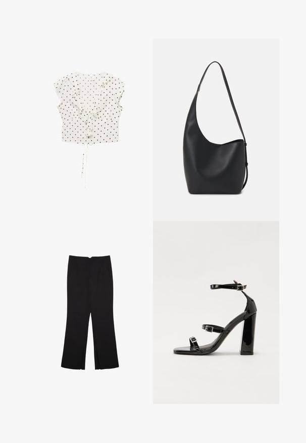 Bílá blůza se černými puntíky, krátkými volánovými rukávy, našitým volánkem v přední části a stahovací spodní částí pro možnost úpravy velikosti.; Černé kalhoty s rovným střihem, s předními kapsami a bočními rozparky na lemu. Vyrobené z jemné, hladké tkaniny. Vhodné na různé příležitosti.; Černé lakované sandály na podpatku se čtveratou špičkou, lýtkovými pásky a stříbrnými přezkami. Disponují masivním blokovým podpatkem pro stabilitu.; Černá kožená hobo taška s hladkým povrchem, zakřiveným tvarem a jedním nastavitelným popruhem; má široké otevírání nahoře.