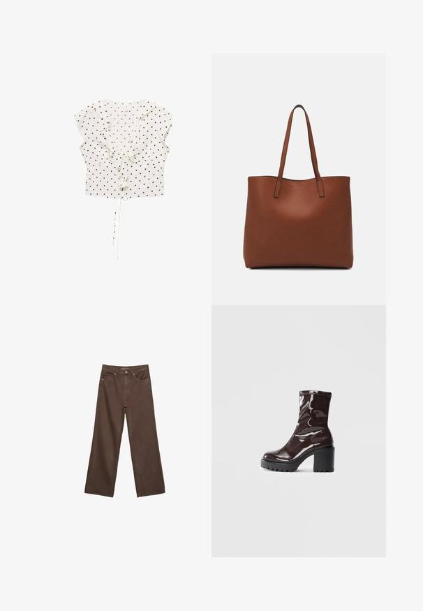 Bela bluzica z črnimi pikami, kratkimi razpihanimi rokavi, nabranim sprednjim delom in vrvico na robu za prilagodljivo prileganje.; Široke rjave kavbojke iz denima, ki imajo visok pas, sprednje žepe in klasično zapiranje na gumb. Gladka tekstura s subtilnim šivom.; Sijajan škrlatank z bleščečim videzom, z masivnim črnim peto, ki se ponaša z gladko teksturo in preprostim dizajnom. Brez vidnih zapenjal ali vzorcev.; Rjava usnjena torba z gladko teksturo, odprto zasnovo zgoraj in dvema naramnima trakovoma. Opremljena je z minimalnim šivanjem in brez vidnih kovinskih delov.