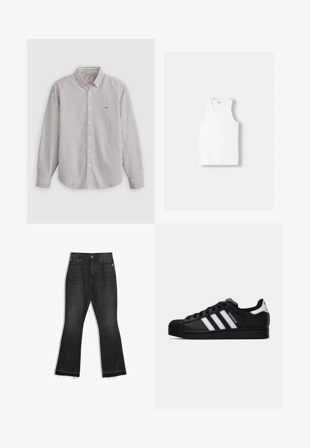 Pruhovaná košile s dlouhým rukávem ve světle šedé a bílé barvě, vyrobená z bavlněného materiálu, s límečkem na knoflíky a vyšitým logem na hrudi.; Bílý bavlněný top na ramínka s kulatým výstřihem, širokými ramínky a rovním lemem, s hladkou texturou a bez viditelných vzorů.; Černé džínové zvonové kalhoty s třepeným lemem, designem pěti kapes a zapínáním na knoflík. Hladká textura, středně těžká tkanina.; Černé tenisky Adidas Superstar se bílými pruhy, špičkou ve tvaru skořápky a textem "Superstar" na boku, zobrazené v bočním profilu na bílém pozadí.