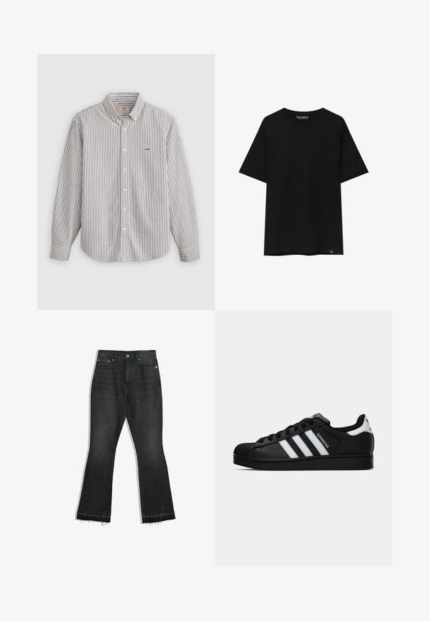 Pasiasta, długorękawowa koszula w jasnoszarym i białym kolorze, wykonana z bawełny, z kołnierzykiem zapinanym na guziki, z haftowanym logo na piersi.; Czarna koszulka z krótkim rękawem wykonana z bawełny, z okrągłym dekoltem i małą metką marki na dolnej lewej stronie.; Czarne dżinsy z rozszerzanymi nogawkami i postrzępionym dołem, pięć kieszeni, z zapięciem na guzik. Gładka struktura, materiał o średniej wadze.; Czarne sneakersy Adidas Superstar z białymi paskami, noskiem w kształcie muszli i napisem "Superstar" na boku, zaprezentowane w profilu bocznym na białym tle.