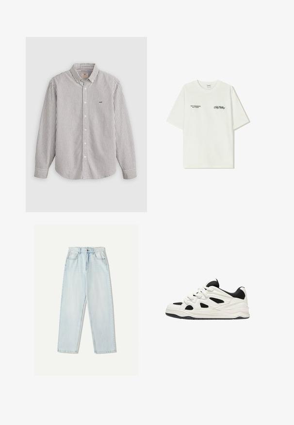 Prugasta košulja dugih rukava u svijetlo sivoj i bijeloj boji, od pamučnog materijala, s ovratnikom na dugmad, koja ima izvezeni logo na prsima.; Bijela pamučna majica kratkih rukava. Na prednjem dijelu nalazi se crni natpis: "NE SJUTRA NE DANAS" i "UMJETNOST KRETANJA PRAHOM" na zelenoj boji.; Svijetloplave traperice s opuštenim krojem, ravnim nogavicama, pet džepova i suptilnim izbljeđivanjem na tkanini.; Bijele i crne atletske cipele s teksturiranim đonom, s izrezanim dizajnom sa strana i pertlama, te podstavljenim stražnjim dijelom za podršku.