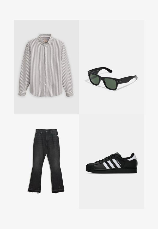 Striped long-sleeve shirt in light gray and white, cotton material, button-up collar, featuring an embroidered logo on the chest.; Black denim flared jeans with a frayed hem, five-pocket design, and a button closure. Smooth texture, medium weight fabric.; Black Adidas Superstar sneaker with white stripes, shell toe, and "Superstar" text on side, shown in side profile on white background.; Black rectangular sunglasses with green lenses, matte finish, subtle hardware accents, and embossed logo on the temple.