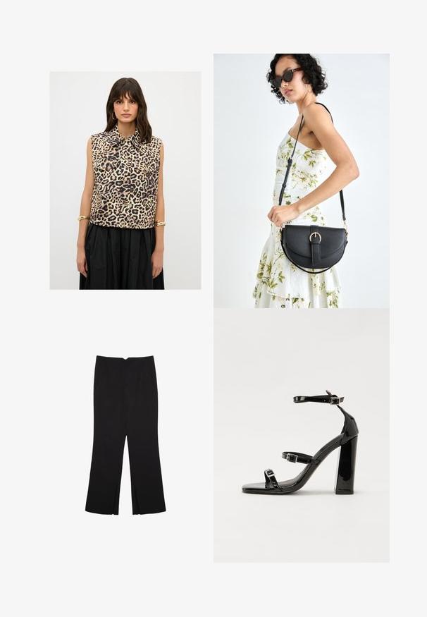 Ärmlös skjorta i leopardmönster med krage, framfickor och guldknappar, tillverkad av ett lätt tyg.; Svarta byxor med rak passform, utrustade med framfickor och sidoklyvningar vid fållen. Tillverkade av mjukt, slätt tyg. Lämpliga för olika tillfällen.; Svarta lackerade klacksandaler med fyrkantig tå, ankelremmar och silverfärgade spännen. Har en kraftig blockklack för stabilitet.; Svart läderhandväska med en böjd form, avtagbar rem och guldiga detaljer. Väskan har ett lock med en spänndetalj.