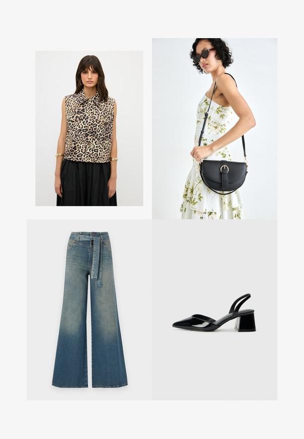 Camisa sin mangas de estampado de leopardo con cuello de solapa, bolsillos frontales y botones dorados, fabricada en un tejido ligero.; Pantalones de mezclilla de pierna ancha con un degradado de azul claro a oscuro, cintura alta, trabillas para cinturón y un cinturón de tela a juego. Acabado de mezclilla texturizada.; Zapatos de tacón slingback de charol negro con punta afilada y tacón geométrico en bloque. Presentan un diseño elegante y minimalista, así como una textura suave.; Bolso de piel negra con forma curva, correa desmontable y herrajes dorados. El bolso cuenta con una solapa con un detalle de hebilla.