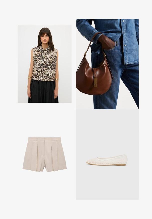 Leopardprint ærmeløs skjorte med krave, forlommer og guldknapper, lavet af et let materiale.; Beige plisserede shorts med et skræddersyet design, der har høj talje og en glat tekstur. Fire frontplisseringer skaber volumen. Ingen lommer.; Hvide flade sko med mesh-design, spids tå og en lav, flad sål. Tekstureret overdel med en glat foring og subtile kontrastkanter.; Brun læder hobo taske med en afrundet form, der har et guldhardware-element og kontraststing. Sammen med en denimskjorte og jeans.