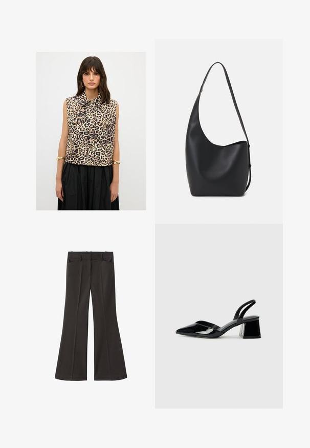 Camicia senza maniche con stampa leopardata, colletto, tasche frontali e bottoni dorati, realizzata in un tessuto leggero.; Pantaloni neri a zampa d'elefante con vita alta; presentano due tasche frontali e una texture del tessuto liscia. Adatti per varie occasioni.; Décolleté in vernice nera con punta affusolata e tacco in geometria cubica. Presentano un design elegante e minimalista, con una texture liscia.; Borsa hobo nera in pelle con una superficie liscia, forma curvata e una singola tracolla regolabile; presenta un'ampia apertura nella parte superiore.