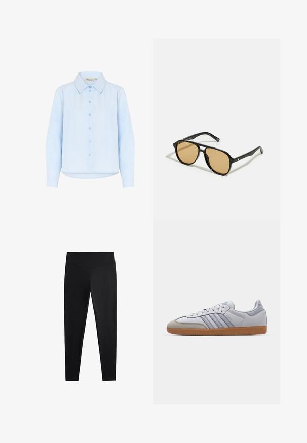 Svijetloplava košulja s kragnom, izrađena od glatkog pamuka. Ima prednje dugme za zatvaranje i duge rukave s zaobljenim rubom.; Črne legice iz gladkega, raztegljivega blaga. Imajo širok pas in zožen dizajn nog, primeren za aktivno ali vsakodnevno nošenje.; Beli usnjeni športni copati z svetlo modrimi poudarki, sivi semiš konice in rjavim gumijastim podplatom. Imajo tri modre črte in blagovno znamko "Samba".; Črne sončne očala z rjavim odtenkom leč; pravokotna oblika s širokim okvirjem, vključno z diskretno kovinsko dekoracijo na obeh strani.
