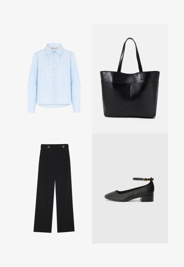 Svijetloplava košulja s kragnom, izrađena od glatkog pamuka. Ima prednje dugme za zatvaranje i duge rukave s zaobljenim rubom.; Črne široke hlače s visokim pasom, gumbnimi detajli na pasu in sprednjimi gubami.; Črne usnjene pumpice z nazobčanimi prsti in nizko blokasto peto. Imajo trak okoli gležnja z zaponko v zlatem tonu. Gladka tekstura.; Črna usnjena torba z dvema dolgima ročajema, gladko teksturo in strukturirano obliko. Ima sprednji žep za dodatno shranjevanje.