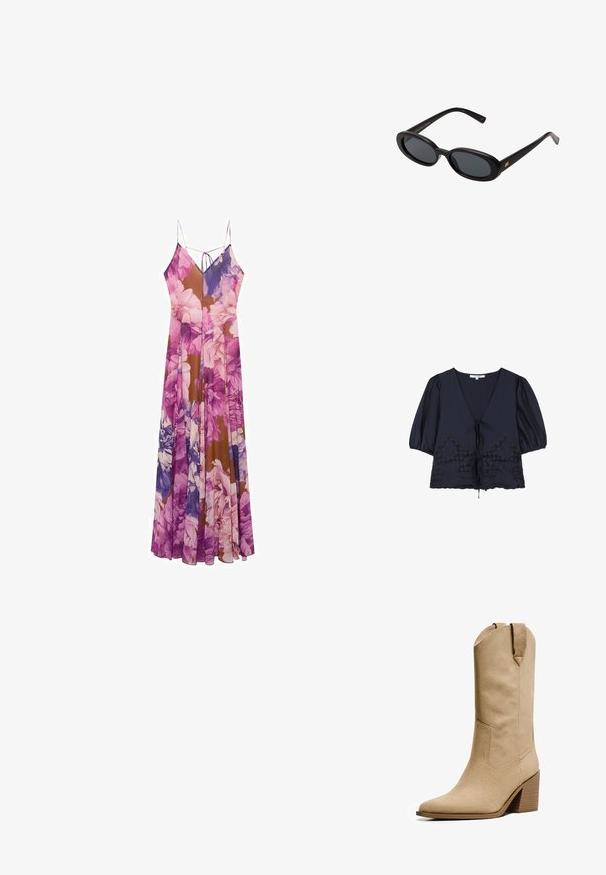 Navy blue blouse with a V-neck, puffed sleeves, and a drawstring at the waist. Features floral embroidery and scalloped edges at the hem.; Floral maxi dress featuring a blend of purple and brown hues, lightweight fabric, thin spaghetti straps, and a flowing silhouette.; Bershka HIGH-HEEL - Cowboy/Biker boots - beige; Black oversized sunglasses with oval lenses, smooth plastic frame, and gold accents on temple. Dark lenses provide sun protection.; Navy leather handbag with a smooth texture, sleek design, and a curved shoulder strap. Features a metallic logo accent on the front.