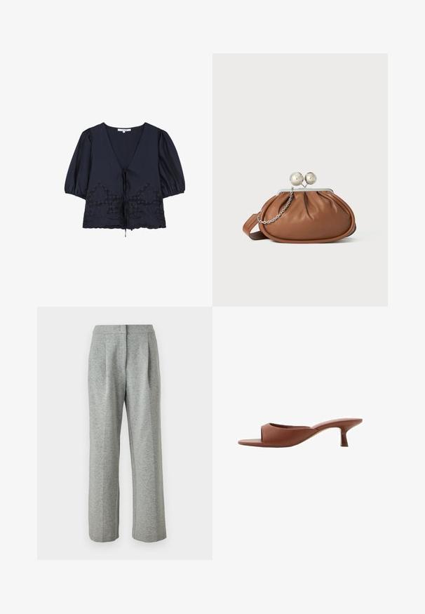 Marineblauwe blouse met een V-hals, pofmouwen en een koord in de taille. Bevat bloemenborduurwerk en geschulpte randen aan de onderkant.; Grijze, high-waisted broeken gemaakt van een zachte, gestructureerde stof. Heeft twee voorplooien en een rechte pasvorm, met een knoopsluiting.; Bruine open teen hakschoenen met een gladde, matte afwerking, met een gebogen ontwerp en een transparante, taps toelopende hak.; Bruine leren clutch met een zilveren balsluiting en een klein zilveren kettingdetail op een witte achtergrond.