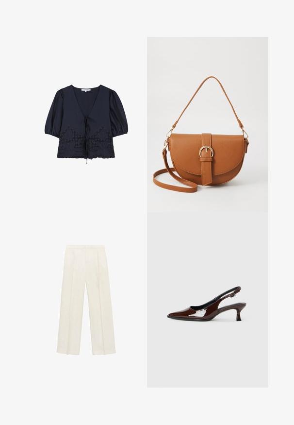 Mørkeblå bluse med V-udskæring, puffede ærmer og snor i taljen. Udsmykket med blomsterbroderi og bølgede kanter ved kanten.; Bredbenede bukser i en lys cremefarve. Fremstillet af et glat stof med plisseringer foran og sidelommer.; Brun patenteret læder slingback sko med spids tå og en moderat hæl. Har en spænde rem for en sikker pasform. Glat tekstur.; Brun læder crossbody taske med en buet form, guldfarvet hardware og en spændeaccent. Har en aftagelig skulderrem.