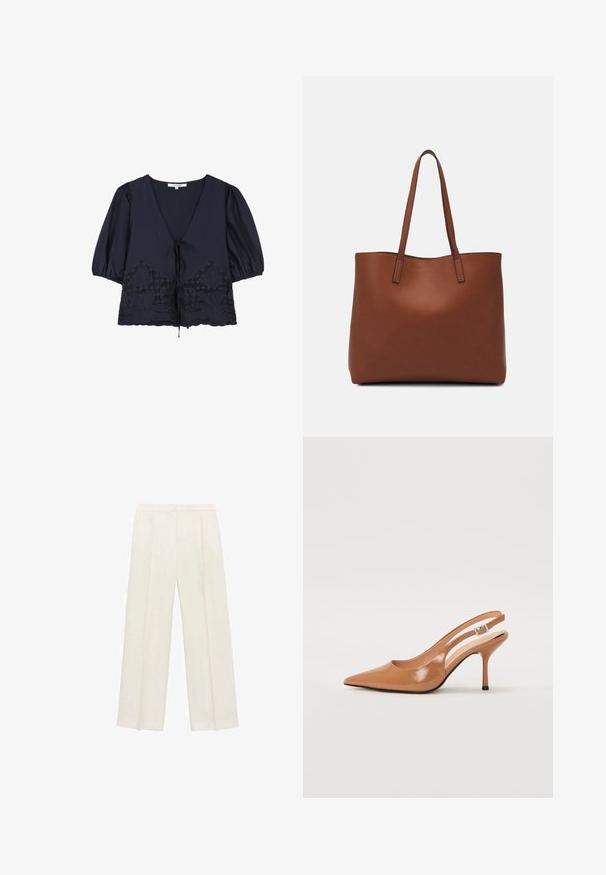 Marineblaue Bluse mit V-Ausschnitt, Puffärmeln und einem Kordelzug in der Taille. Verziert mit floralem Stickerei und gewellten Kanten am Saum.; Weit geschnittene Hosen in einem hellen cremefarbenen Farbton. Hergestellt aus einem glatten Stoff mit Falten an der Vorderseite und seitlichen Taschen.; Spitz zulaufender Slingback-Absatz aus einem glatten, glänzenden, tanfarbenen Material. Mit einem geschwungenen Ausschnitt-Design und einem schlanken Stiletto-Absatz. Silberne Schnallendetails.; Braune Leder-Tote mit glatter Textur, offenem Oberteil und zwei Schulterriemen. Verfügt über minimale Nähte und keine sichtbaren Beschläge.