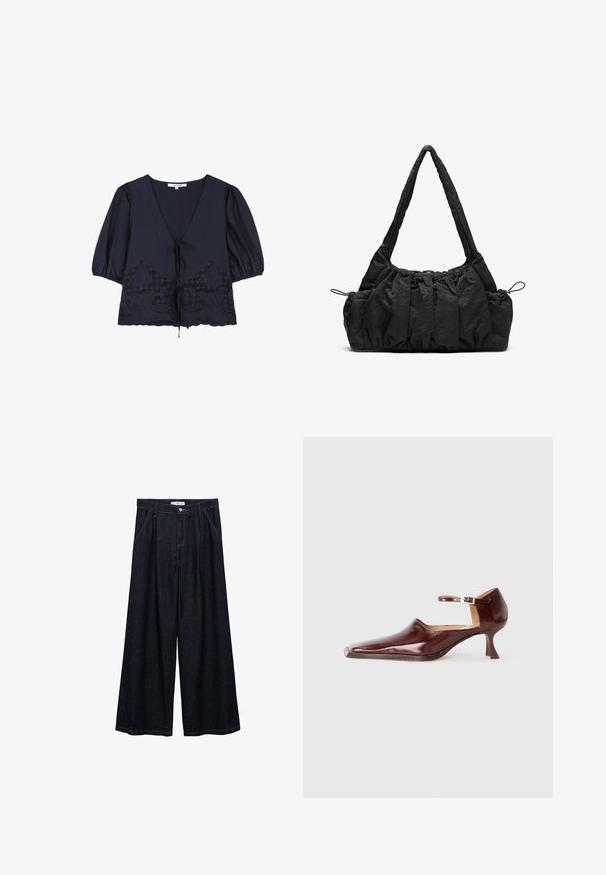Námořnicky modrá blůza s výstřihem do V, nabíranými rukávy a stahovací šňůrkou v pase. Má květinovou výšivku a vlnité okraje na lemu.; Tmavě modré široké kalhoty s vysokým pasem, které mají zapínání na přední knoflík, dvě boční kapsy a švy.; Burgundské lakované boty s špičatou špičkou, kotníkovým pásem a 5 cm zúženým podpatkem. Hladký povrch a minimalistický design.; Černá látková kabelka se skládáním, dvěma ramenními popruhy a stahovacími šňůrkami po stranách. Hladký, lehký materiál.