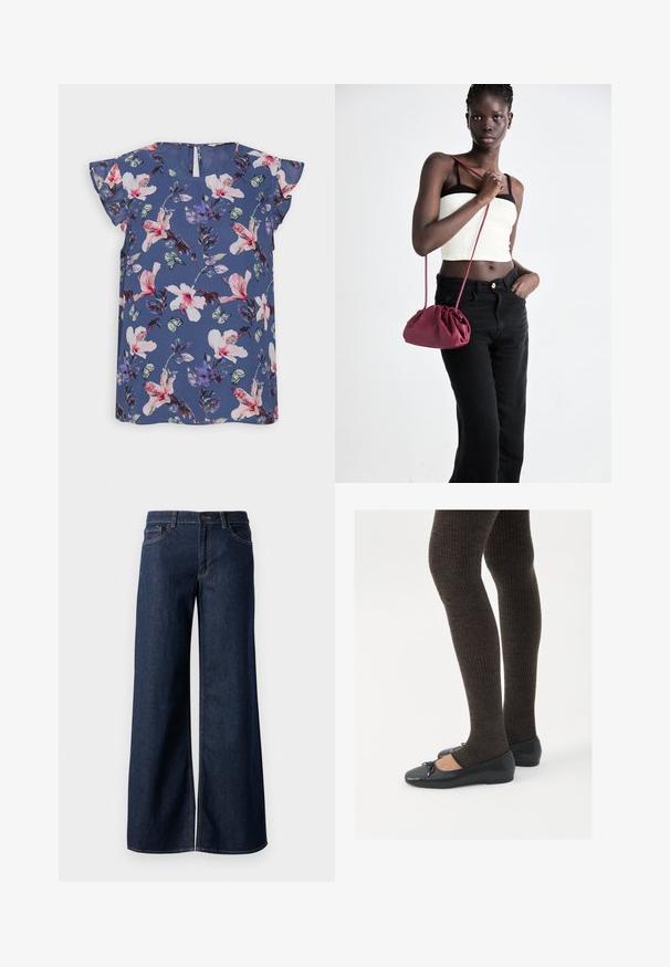 Zila ziedu blūze ar īsām viļņotām piedurknēm, kurā ir rozā un baltas puķes, zaļi lapas un mazi tauriņi uz viegla auduma.; Platas kājas džinsi tumši zilā denima krāsā. Iespējas ir kontrastējošās vīles, piecas kabatas un pogu aizdare jostasvietā. Gluda tekstūra.; Melnas plakano formas kurpes ar mazu loku uz pirksta, apvienotas ar tumši brūnām ribotām zeķubiksēm. Kurpēm ir gluda tekstūra un zems profils.; Burgundijas mīkstas auduma soma ar sakoptu dizainu un garu siksnu, nēsāta uz krūšu. Modelis valkā baltu piegriezuma topu un melnas džinsus.