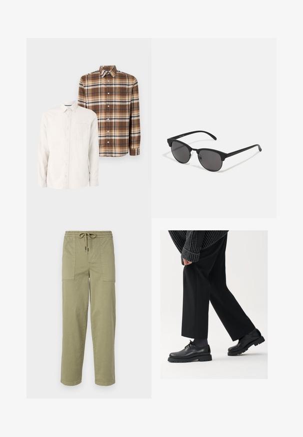 Jack & Jones JPRBLUNORRIS 2 PACK - Chemise - cloud dancer/brown; Pantalons vert olive clair en tissu mélangé coton, dotés d'une taille élastique avec cordon de serrage et de deux grandes poches latérales.; Chaussures en cuir noir à bout arrondi, à lacets, avec une semelle épaisse et texturée. Portées avec un pantalon noir ajusté et un pull à côtes.; Lunettes de soleil noires avec des verres ronds, finition mate et une forme distinctive en œil de chat. Monture fine avec un logo discret sur la branche gauche.