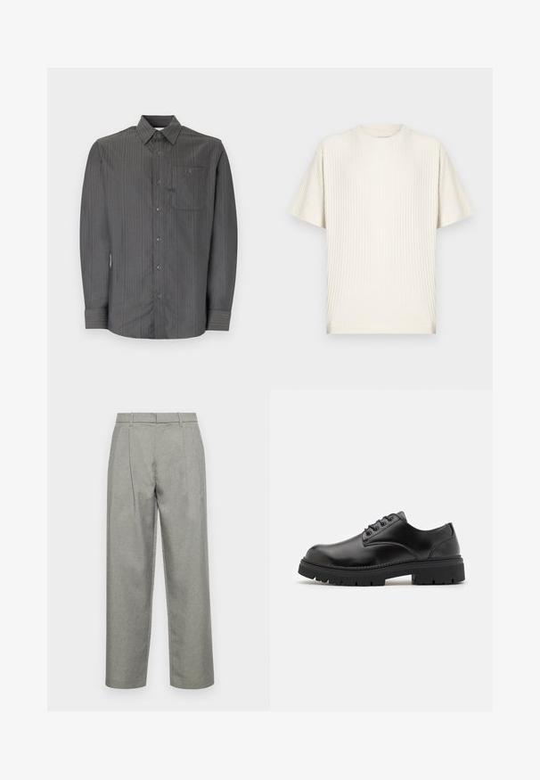 Siva prugasta košulja dugih rukava s ovratnikom na gumbe i džepom na prsima, s malim gumbima i teksturiranim materijalom.; Kremasti, rebrasti, kratkih rukava, majica s okruglim ovratnikom i opuštenim krojem, prikazana na jednostavnoj svijetloj pozadini.; Sive krojene hlače od teksturirane tkanine, s ravnim krojem, prednjim nabora i standardnim pojasom s petljama za remen.; Crne kožne cipele s okruglim vrhom, dizajn s vezicama i debelim, teksturiranim gumenim potplatom. Imaju šavove uz rub i glatku završnu obradu.