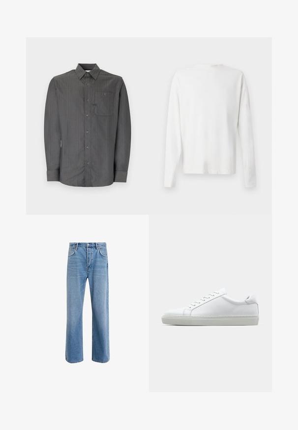 Camisa de mangas longas cinza às riscas com colarinho abotoado e bolso no peito, apresentando pequenos botões e um tecido texturizado.; Camisa de algodão branca de mangas longas com decote redondo, fendas laterais na parte inferior e uma textura suave, mostrada de trás.; Calças de ganga azul claro com um design de perna reta, cinco bolsos, fecho de botão, desgaste mínimo e detalhes de costura em contraste.; Sapatilha branca com um cabedal em couro liso e de perfil baixo. Apresenta um bico redondo, seis ilhoses e uma sola de borracha texturizada.