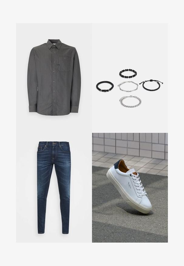 Szara, prążkowana koszula z długim rękawem, z kołnierzykiem zapinanym na guziki oraz kieszonką na piersi, z małymi guzikami i teksturowanym materiałem.; Granatowe dżinsy o slim fit, delikatnym wyblaknięciu, pięciu kieszeniach i metalowym zapięciem. Haftowane akcenty w kontrastowym kolorze.; Białe skórzane trampki z granatowym piętkiem, okrągłym noskiem i kontrastowymi brązowymi akcentami. Posiadają płaskie sznurówki i teksturowaną gumową podeszwę.; Pięć bransoletek: dwie czarne bransoletki z koralików, jedna teksturowana czarna linka, jeden srebrny łańcuszek oraz jedna pleciona czarna linka z regulowanym zapięciem.