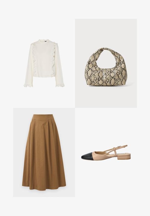 Hvit bluse med lange ermer, med høy hals, bølget blonder langs fronten og ermene, og et glatt, teksturert stoff.; Brun bomull A-linje skjørt med høy midje, med folder foran og en jevn tekstur. Kantene er rene og enkle.; Beige og svart to-farget slingback sko med spiss tå, flat hæl og krysset stroppe-detalj. Glatt lærtekstur.; Veske med slangeskinnmønster og krummet håndtak. Laget av teksturerte, beige og brune materialer, med et særegent diamantmønster.