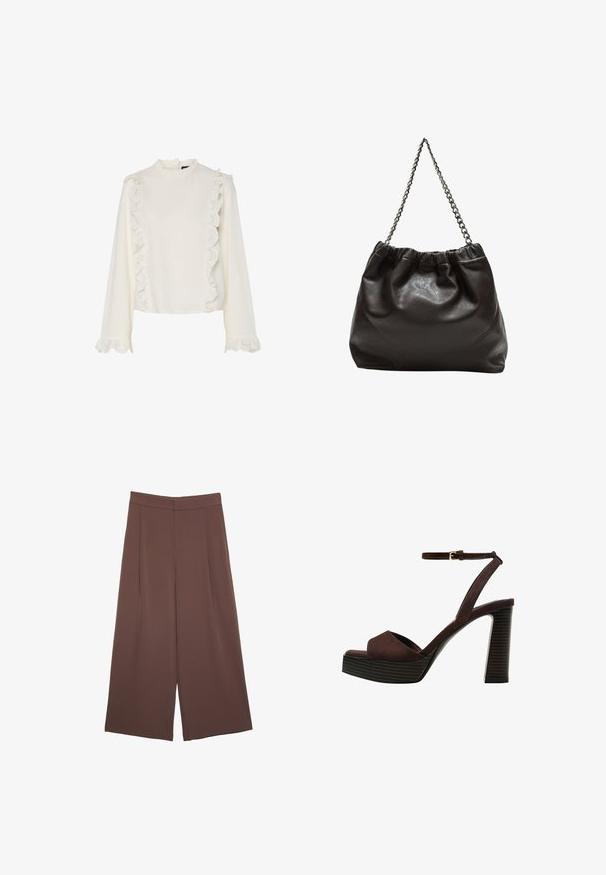 Hvid bluse med lange ærmer, der har en høj hals, scalloperet blondekant langs fronten og ærmerne samt et glat, struktureret stof.; Brune bredbunde bukser med en glat tekstur, der har høj talje og plisseringer foran. Stoffet er let og falder løst.; Brune ruskinds højhælede sandal med åben tå, justerbar ankelrem og en stribet plade sål.; Brun lædertaske med en rynket top og en kædestrop. Glat tekstur med en blank finish og subtile sømdetaljer på siderne.