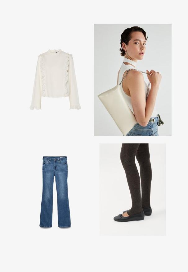 Weiße Bluse mit langen Ärmeln, mit hohem Kragen, gewelltem Spitzenbesatz an der Vorderseite und den Ärmeln sowie einem glatten, strukturierten Stoff.; Blaue Denim-Röhrenjeans mit einem mittelhohen Bund, zwei vorderen Taschen und einem gestickten Bund. Weicher Stoff und traditionelles Fünf-Taschen-Design.; Schwarze flache Schuhe mit einem kleinen Schleifendetail an der Zehe, kombiniert mit dunkelbraunen gerippten Strumpfhosen. Die Schuhe haben eine glatte Textur und ein niedriges Profil.; Weiße rechteckige Clutch aus glänzendem Material mit einem silbernen Kettenriemen. Das Model posiert und präsentiert die Tasche vor einem schlichten Hintergrund.