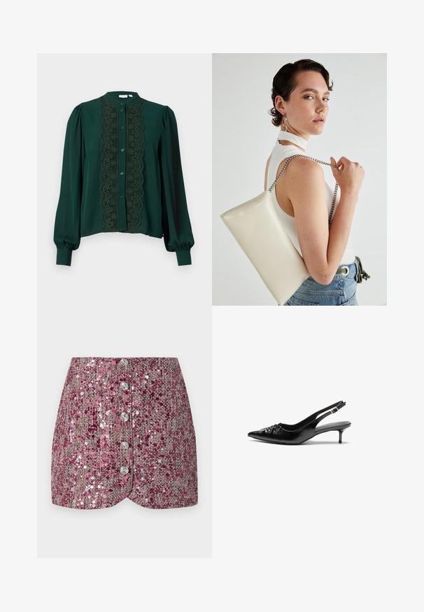 Sötétzöld blúz magas gallérral és teljes ujjakkal. Az elején csipkés panel található, amelyet gombok és puha textúra egészít ki.; Rózsaszín flitteres szoknya texturált szövettel, testhez simuló fazonnal és öt ezüst gombbal az elején. Formált szegély és csillogó díszítések.; Fekete bőrből készült slingback magassarkú cipők hegyes orral, kis francia sarokkal és díszes csomóval az elején. Az egész felületen sima textúra.; Fehér, téglalap alakú, fényes anyagból készült clutch táska, ezüst láncos pánttal. A modell pózol, bemutatva a táskát egy egyszínű háttér előtt.
