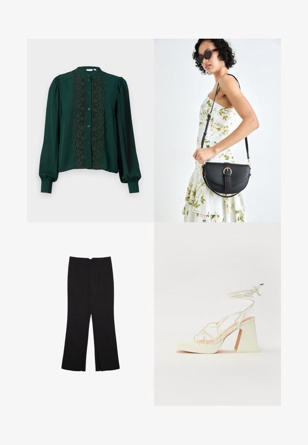 Tumma vihreä paita, jossa on korkea kaulus ja pitkät hihat. Edessä on pitsipaneeli, jota täydentävät napit ja pehmeä materiaali.; Mustat housut suoralinjaisella leikkauksella, joissa on etutaskut ja sivurei'ät helman alla. Valmistettu pehmeästä ja sileästä kankaasta. Sopii eri tilaisuuksiin.; Valkoinen korkokenkä, jossa on paksu korko, ja joka sisältää nauhakiinnityksen ja nilkkaketjun. Sujuva pinta, jossa on platform-etupohja lisäkorkeutta varten.; Musta nahkainen käsilaukku, joka on kaareva muotoilultaan, irrotettavalla hihnalla ja kultaisilla yksityiskohdilla. Laukussa on läppä, jossa on solk yksityiskohta.