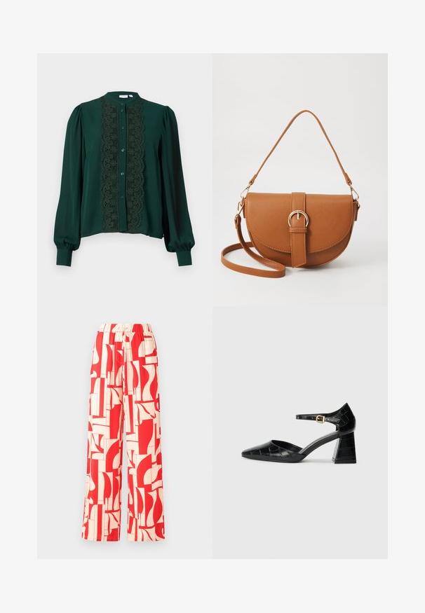 Dark green blouse with a high collar and full sleeves. Features a lace panel down the front, complemented by buttons and soft texture.; Red patterned wide-leg pants featuring an elastic waistband, comprised of lightweight fabric with abstract shapes in red and cream.; Black patent leather high-heeled shoe with pointed toe, ankle strap, and textured crocodile pattern. Square block heel design.; Brown leather crossbody bag with a curved shape, gold hardware, and a buckle accent. Features a detachable shoulder strap.