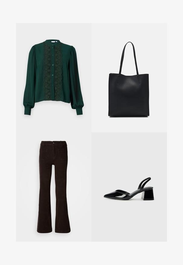 Dark green blouse with a high collar and full sleeves. Features a lace panel down the front, complemented by buttons and soft texture.; Brown corduroy flared pants with a textured finish, featuring a front button closure, belt loops, and two back pockets.; Black patent leather slingback heels with a pointed toe and a geometric block heel. Features a sleek, minimal design and smooth texture.; Black leather tote bag with smooth texture, rectangular shape, and two long handles. No visible hardware or embellishments.