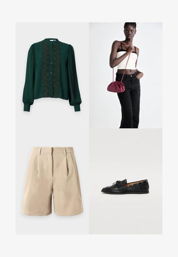 Sötétzöld blúz magas gallérral és teljes ujjakkal. Az elején csipkés panel található, amelyet gombok és puha textúra egészít ki.; Beige, magas derekú, szabott sort övhurkokkal, elülső redőkkel és rejtett elülső zárással, fehér háttér előtt.; Fekete bőr lófarok cipők, megkötött masnival, arany szemcsés díszítéssel az oldalán és lapos gumitalppal. Simaság, klasszikus dizájn.; Burgundy puha anyagú kézitáska, ráncolt dizájnnal és hosszú pánttal, keresztben hordva. A modellen fehér rövid top és fekete farmer van.