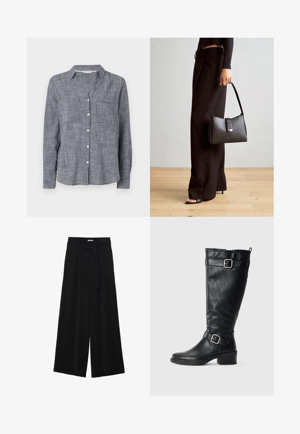 Camicia button-up in tessuto a quadri navy e bianchi, con colletto, due tasche sul petto e maniche lunghe con polsini a bottoni.; Pantaloni neri a gamba larga caratterizzati da un tessuto testurizzato, una vita elastica e una cintura staccabile per una vestibilità regolabile.; Alto stivale in pelle nera con tacco basso, fibbie decorative vicino alla caviglia e in cima, e una linguetta nella parte posteriore.; Borsa nera con forma strutturata, texture liscia e una chiusura metallica. Abbinata a pantaloni neri larghi e sandali open-toe su un pavimento in legno.