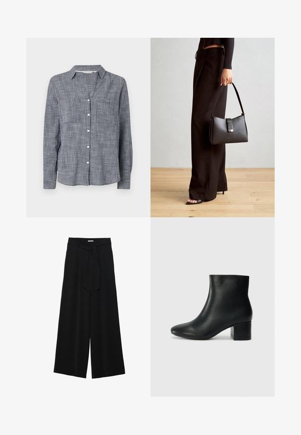 Knappskjorte i vevd marineblå og hvit rutete mønster, med krage, to brystlommer og lange ermer med knappemansjetter.; Svart vide bukser med teksturert stoff, elastisk midje og avtagbart belte som gir justerbar passform.; Sorte skinn ankelsko med spiss tå og chunky hæl. Glatt tekstur med minimale detaljer og et elegant, tettsittende design.; Svart håndveske med strukturert form, jevn tekstur og metallisk lås. Kombinert med brede svarte bukser og sandaler med åpen tå på tregulv.