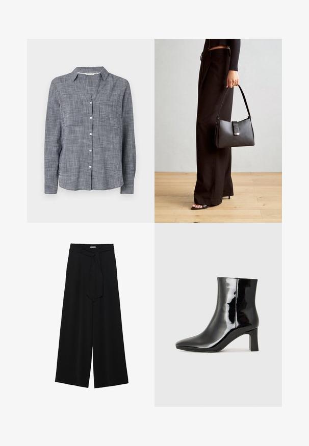 Button-up skjorte i vævet marineblå og hvidt ternet mønster, med krave, to brystlommer og lange ærmer med knapmanchetter.; Sorte vide bukser i en tekstureret stofkvalitet, med elastisk talje og et aftageligt bånd i taljen for justerbar pasform.; Sort lakeret ankelstøvle med spids tå og en midt-højde blokhæl. Glat tekstur og minimalistisk design.; Sort håndtaske med struktureret form, glat overflade og metalspænde. Sammen med brede sorte bukser og sandaler med åben tå på trægulv.