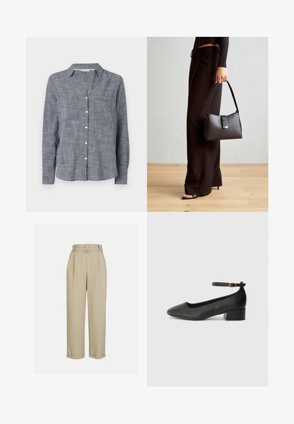 Kreklu ar pogām, audumā ar jūras zila un baltā pārbaudes rakstu, ar apkakli, divām krūšu kabatām un garām piedurknēm ar pogu aprocēm.; Beidzīgi, augstās jostasvietas bikses ar plašu kāju dizainu, kurām ir izšuvumi, atbilstoša josta ar taisnstūra sprādzi un apgrieztām malām.; Melnas ādas sūkņi ar smailu purngalu un zemu bloku papēdi. Iezīmēts ar potītes siksniņu ar zelta krāsas sprādzi. Gluda tekstūra.; Melnā somiņa ar strukturētu formu, gludu tekstūru un metālu sprādzi. Saskaņota ar platām melnām biksēm un sandālēm ar atvērtu purngalu uz koka grīdas.