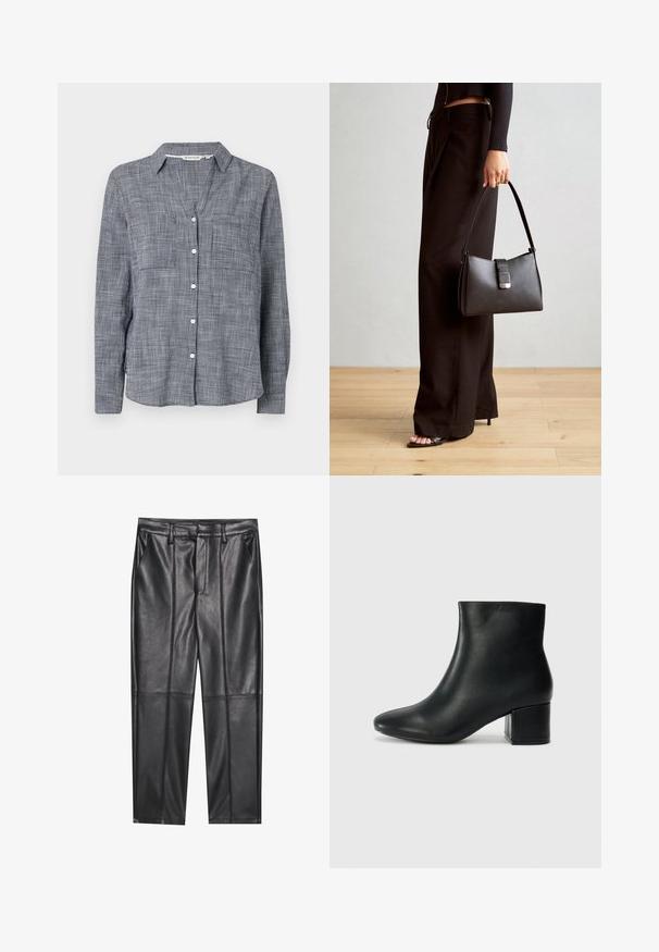 Hemd mit Knopfleiste in gewebtem Navyblau- und Weißkaro-Muster, ausgestattet mit einem Kragen, zwei Brusttaschen und langen Ärmeln mit Knopfmanschetten.; Schwarze Lederhosen mit glatter Textur, gerader Passform, zwei Fronttaschen und sichtbaren Nahtdetails.; Schwarze Leder-Ankle-Boots mit spitzem Zehenbereich und klobigem Absatz. Glatte Textur mit minimalen Akzenten und einem eleganten, taillierten Design.; Schwarze Handtasche mit strukturierter Form, glatter Textur und einem metallischen Verschluss. Kombiniert mit weiten schwarzen Hosen und offenen Sandalen auf einem Holzboden.