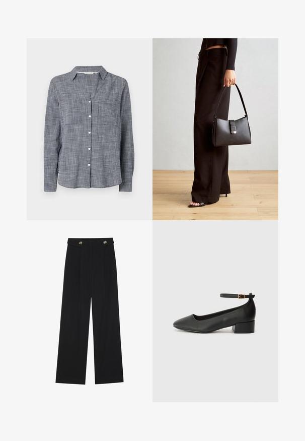 Chemise à boutons en tissu à carreaux navy et blanc, avec un col, deux poches poitrine et des manches longues avec des poignets à boutons.; Pantalons larges noirs à taille haute, avec des détails de boutons à la taille et des plis sur le devant.; Escarpin en cuir noir avec un bout pointu et un petit talon bloc. Doté d'une bride de cheville avec une boucle dorée. Texture lisse.; Sac à main noir à la forme structurée, texture lisse et fermoir métallique. Associé à un pantalon noir ample et des sandales ouvertes sur un sol en bois.