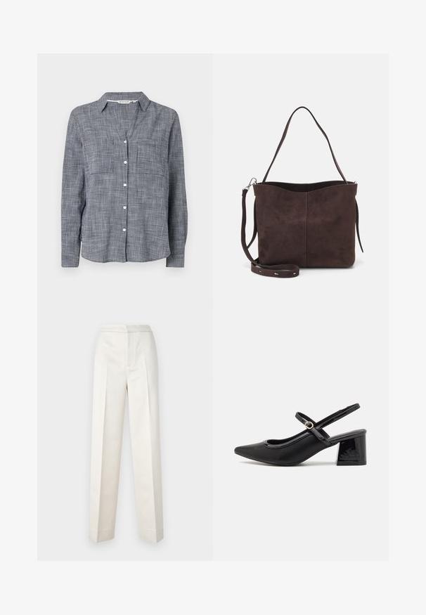 Button-up shirt in woven navy and white check pattern, featuring a collar, two chest pockets, and long sleeves with button cuffs.; Cream-colored trousers with a tailored fit, featuring a straight leg, smooth fabric, front pleats, and clean hem. Minimalist design.; Black patent leather slingback heels with a pointed toe, a rounded cutout design, and a block heel. Features a gold-tone buckle accent.; Brown suede tote bag with a soft texture, featuring a single shoulder strap and a subtle curved top opening. No visible hardware details.