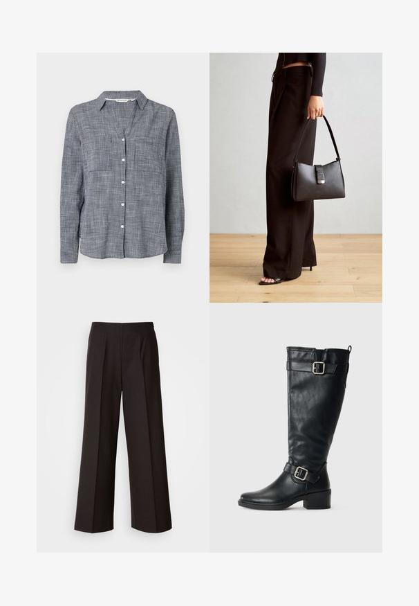 Knoopshirt in geweven marineblauw en wit ruitpatroon, met een kraag, twee borstzakken en lange mouwen met knoopmanchetten.; Zwarte wijde broek met een vlakke voorkant, plooien en een soepele stoftextuur. Heeft een hoge taille en een op maat gemaakte snit voor een gestructureerde pasvorm.; Hoge zwarte leren laars met lage hak, decoratieve gespen nabij de enkel en bovenkant, en een trekriem aan de achterkant.; Zwarte handtas met gestructureerde vorm, gladde textuur en een metalen sluiting. Gecombineerd met brede zwarte broeken en sandalen met open teen op een houten vloer.