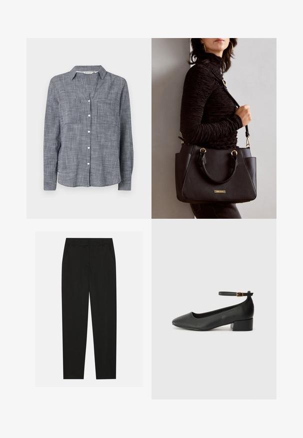 Chemise à boutons en tissu à carreaux navy et blanc, avec un col, deux poches poitrine et des manches longues avec des poignets à boutons.; Pantalon noir au design ajusté, doté de poches latérales et d'une jambe droite. Fabriqué en tissu lisse et léger avec une finition élégante.; Escarpin en cuir noir avec un bout pointu et un petit talon bloc. Doté d'une bride de cheville avec une boucle dorée. Texture lisse.; Sac à main noir avec surface texturée, deux poignées supérieures et bandoulière réglable. Doté de quincaillerie dorée et de poches latérales.