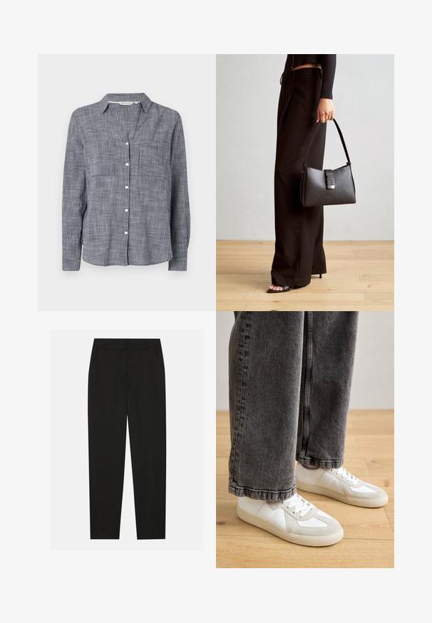 Button-up shirt in woven navy and white check pattern, featuring a collar, two chest pockets, and long sleeves with button cuffs.; Black trousers with a tailored design, featuring side pockets and a straight leg. Made from smooth, lightweight fabric with a sleek finish.; White and grey sneakers with a suede and leather upper, featuring a low-profile design and perforated accents, paired with dark gray jeans.; Black handbag with structured shape, smooth texture, and a metallic clasp. Paired with wide black pants and open-toe sandals on wooden floor.