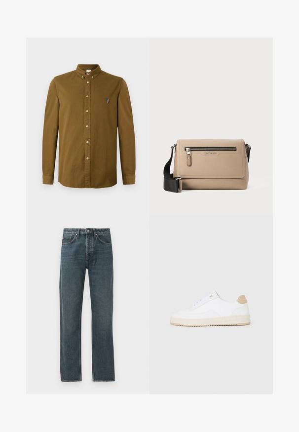 Brun langermet skjorte med krage med knapper, med et lite flerfarget broderi på brystet, og lyse knapper.; Mørkeblå denimjeans med rett ben-design, med fem lommer, knappeåpning og kontrasterende sømdetaljer.; Hvite lave sneakers med overdel i teksturert skinn, kremfarget såle med ribber og en brunt fargeklatt på hælen. Har hvite lisser og logodetalj på hælen.; Beige lærcrossbody veske med tekstur, featuring en frontlomme med glidelås og justerbar svart stropp. Logo vist foran.