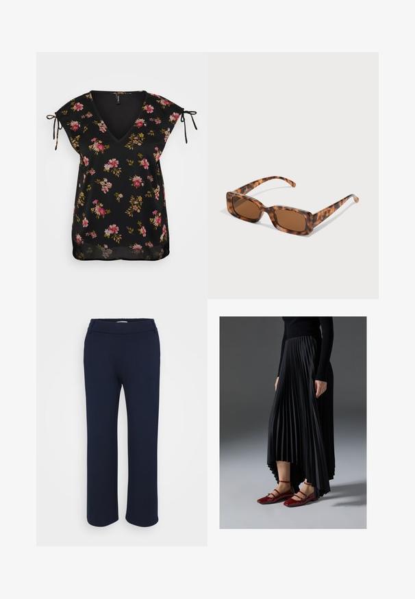 Mustade lilledega pluus V-kaelusega, lühikeste varrukatega ja sidumisdetailidega õlgadel. Omab roosa ja rohelise lillemustrit. Sile tekstuur.; Even&Odd Petite 3 PACK - Pikkade varrukatega topp - black/white/light green; Tumed sinised sirged püksid venivast kangast, millel on lame vöökoht ja kaks küljetaskut kasutusmugavuse tagamiseks.; Mustmust seelik kõrgema ees- ja madalama taga servaga, kombineeritud läikivate punaste sussidega, millel on rihma kujundus. Kangas on sileda tekstuuriga.; Kilpkonna kestaga prillid, millel on ristkülikukujulised pruuni värvi objektiivid, paks raam ja peened käed, millel on erinevate pruunide toonide muster.