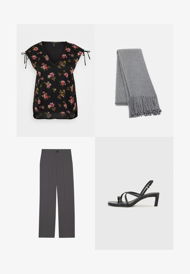 Svart blomstret bluse med V-hals, korte ermer og knytedetaljer på skuldrene. Har et mønster av rosa og grønne blomster. Glatt tekstur.; Grå bukser med rette ben, med to sidelommer og knappestenging. Glatt stoff uten synlige mønstre eller detaljer.; Sorte sandaler med stropper, firkantet tå og lav blokk hæl. Har flere tynne stropper og en justerbar ankelstropp. Laget av glatt lær.; Grå ullsjal med en myk tekstur, utstyrt med frynsete kanter og et enkelt design. Brettet pent, som viser frem den avlange formen.; Svart skinn toteveske med jevn tekstur, strukturert form, to håndtak og en fremtredende sølvspenne foran.