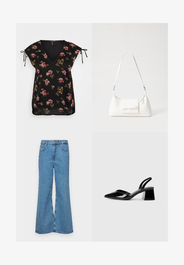 Blouse noire à fleurs avec un décolleté en V, manches courtes et détails à nouer aux épaules. Présente un motif de fleurs roses et vertes. Texture lisse.; Jean flare bleu clair en denim, avec une taille haute, cinq poches et une fermeture à un bouton. Texture douce avec une finition décolorée.; Escarpins en cuir verni noir avec bout pointu et talon bloc géométrique. Présente un design élégant et minimaliste ainsi qu'une texture lisse.; Sac à main synthétique blanc en forme triangulaire, avec un rabat avant plat et un détail en nœud, une bandoulière ajustable, une texture lisse et un design minimaliste.