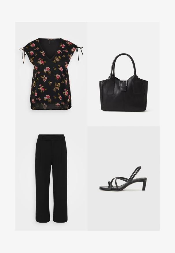 Čierna kvetinová blúzka s výstrihom do V, krátkymi rukávmi a viazacími detailmi na pleciach. Obsahuje vzor ružových a zelených kvetov. Hladká štruktúra.; Čierne nohavice s voľným strihom vyrobené z hladkej tkaniny, s plochým predným dielom, pútkami na opasok a bez viditeľných vreciek. Čistý, prispôsobený dizajn.; Čierne sandále na vysokom podpätku so štvorcovou špičkou a nízkym blokovým podpätkom. Obsahujú viacero tenkých popruhov a nastaviteľný členkový popruh. Vyrobené z hladkej kože.; Čierna kožená taška s hladkou textúrou, štruktúrovaným tvarom, dvoma uchami a výrazným strieborným prackovým detailom na prednej strane.
