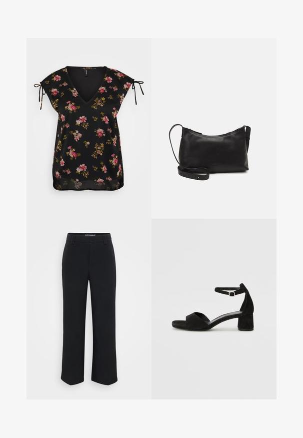 Blusa nera a fiori con scollatura a V, maniche corte e dettagli a fascia sulle spalle. Presenta un motivo di fiori rosa e verdi. Texture liscia.; Pantaloni neri a gamba larga con una texture liscia, dotati di una vita piatta e tasche laterali, progettati con un'estetica minimalista.; Sandali con tacco in suede nero, con una sottile fascia alla caviglia, design open toe e un discreto tacco a blocco. Texture liscia e decorazioni minime.; Borsa a spalla in pelle nera con una texture liscia, forma curva, tracolla regolabile e chiusura con zip. Design minimalista senza ornamenti.; Bracciale in resina nera con superficie liscia e lucida e bordi arrotondati. Presenta un piccolo logo dorato "Pilgrim" all'interno.