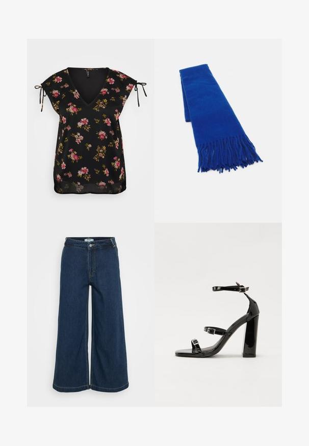 Blouse noire à fleurs avec un décolleté en V, manches courtes et détails à nouer aux épaules. Présente un motif de fleurs roses et vertes. Texture lisse.; Pantalons en denim taille large en bleu foncé. Dotés d'une fermeture à bouton, de cinq poches, de coutures légères et d'une texture lisse.; Sandales à talons hauts en cuir verni noir avec deux brides à boucles, bout carré et talon bloc épais, présentant une texture lisse et brillante.; Écharpe tissée bleue avec des extrémités à franges, texture lisse, forme rectangulaire et couleur uniforme. Convient pour les temps froids.